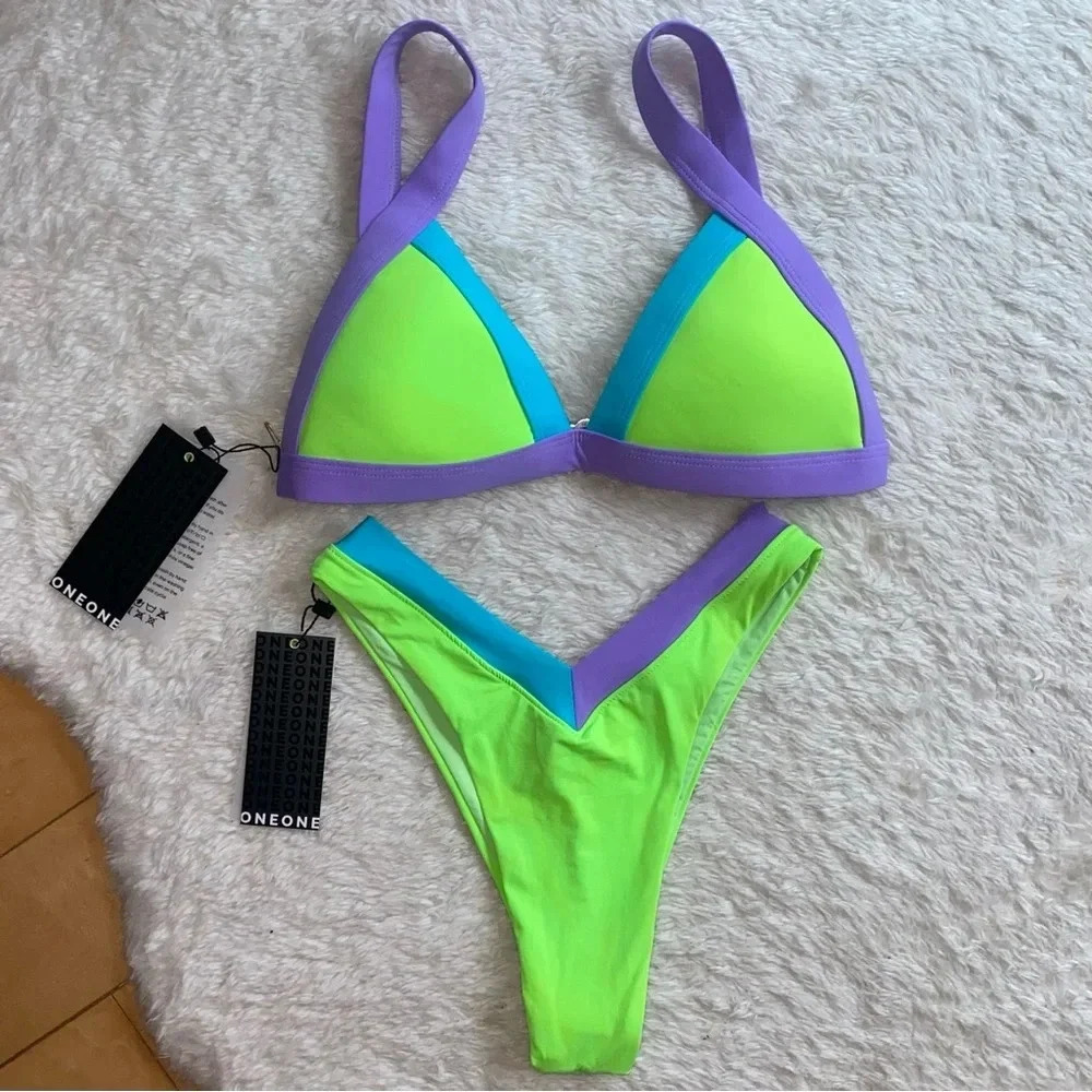 NWT OneOne Swimwear SET Bikini Nissi Lime Neon Green Purple Blue Kameron Jesse